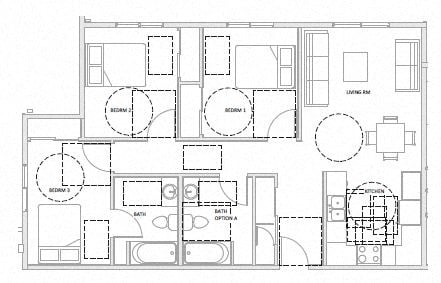 Floor plan for 3 beds, 2 baths, 1001 sqft